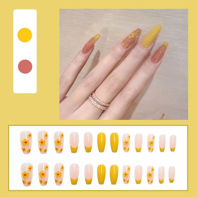 Длинные накладные ногти в форме гроба 24 шт./компл. Летний милый желтый цветочный