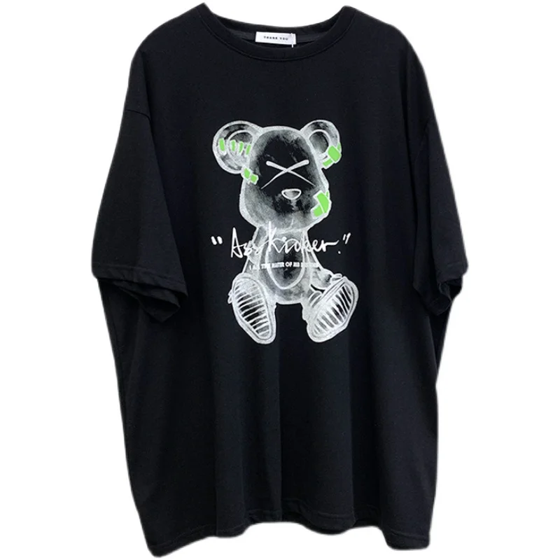 

Korean Student Summer Loose Cartoon Creative Bear Printed Round Neck Short Sleeve Straight T-shirt Female Summer Plus Size