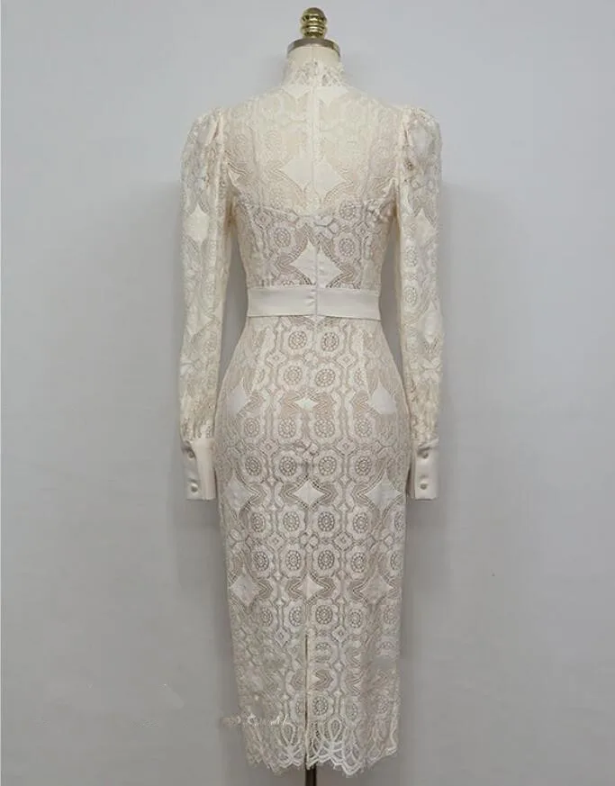 

2020 Spring Summer Fashion Lace hollow out Dress Women Long Sleeve sexy Bodycon Slim Waist Vestidos q747