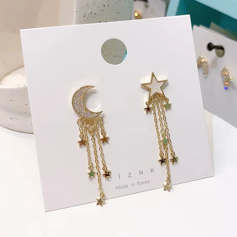 

Korean simple fashion S925 silver needle asymmetric earrings creative star and moon tassel earrings temperament net red earrings