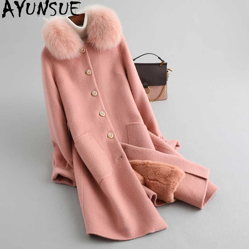 

AYUNSUE Real Fur Coat Female Natural Rabbit Fur Liner 100% Wool Coat Winter Jacket Women Fox Fur Collar Warm Long Jackets MY4363