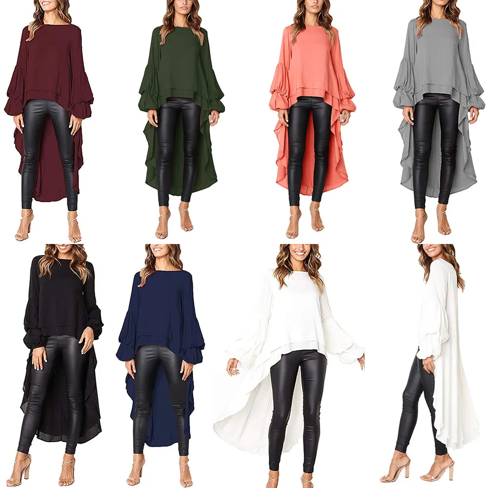 

SEBOWEL Fashion Long Sleeve Ruffled Irregular Women's Chiffon Shirts Top Spring Autumn Female Loose Style Ruffles Sleeve Blouse