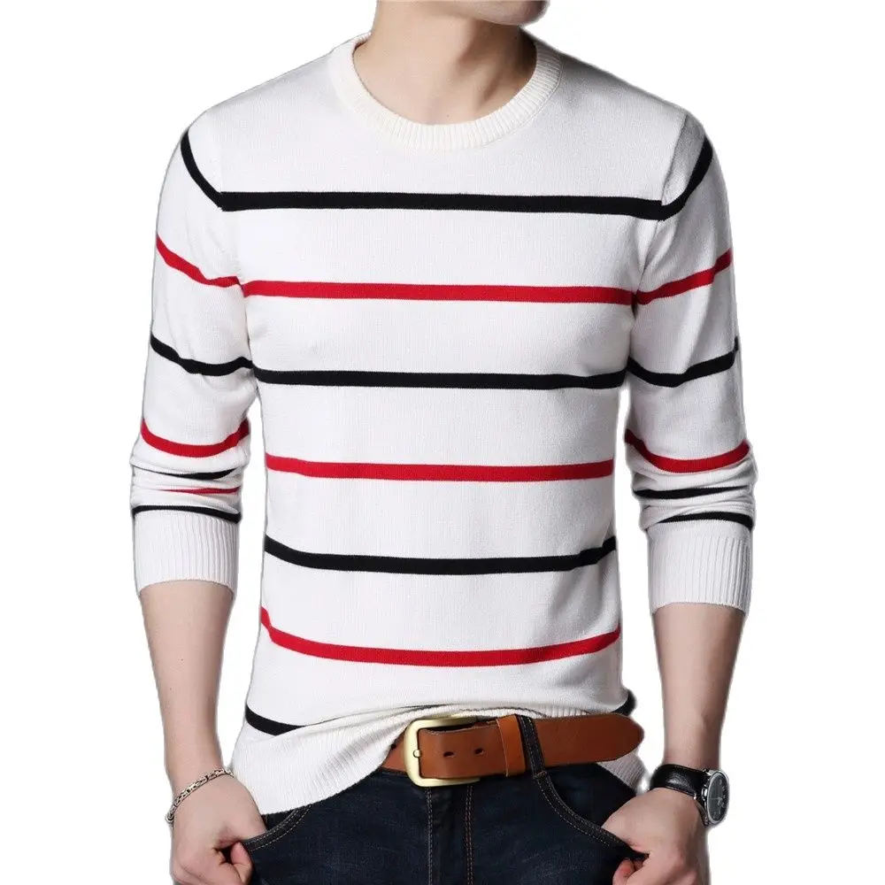 

Men Fashion Autumn Sweater Crewneck Warm Classic Pullover Striped Casual Slim Fit Winter Fall Knitted Top