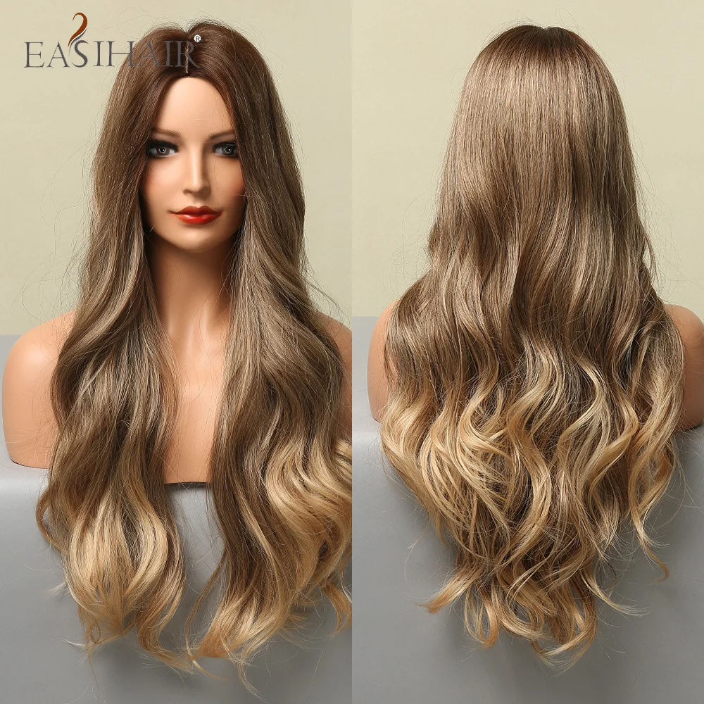 

EASIHAIR Long Natural Wave Synthetic Wigs Ombre Brown Middle Part Heat Resistant Fiber Women's Wigs for Black Women Daily Party