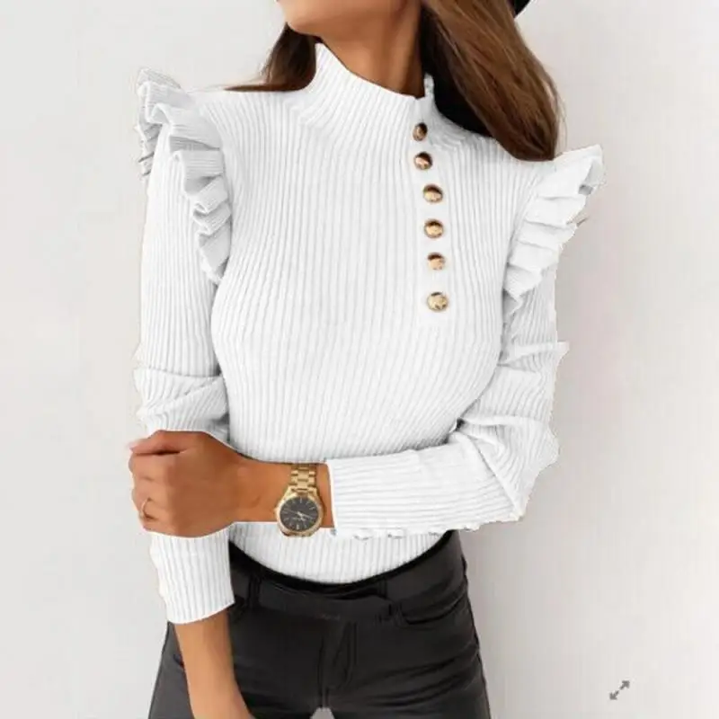 

Winter Women's Knitted Sweater Casual Solid Ruffled Ladies Sweater Turtleneck Button Deco Women Slim Pullover Sweater