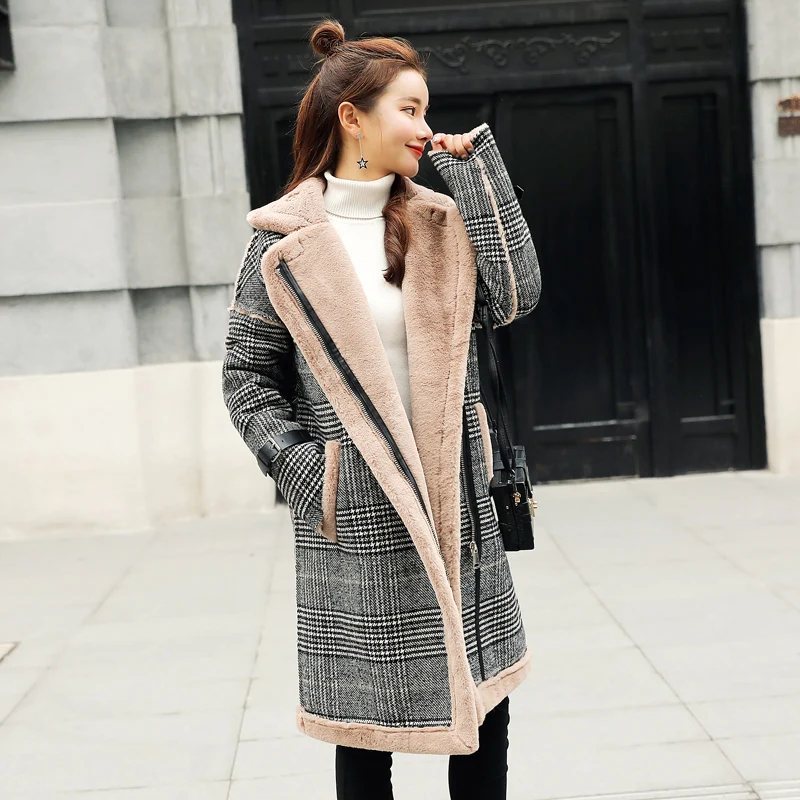 

2020 New Plaid Plus Thick Fur One Jacket Women Winter Mid-Length Zipper Turn Down Collar Wide-Waisted Winter Ladies Coat