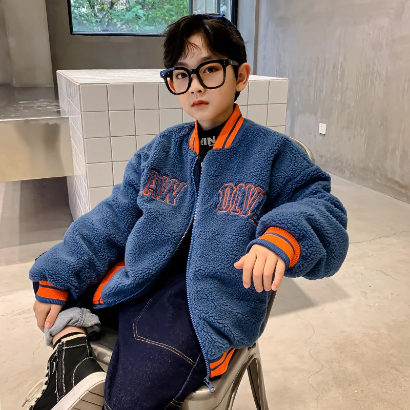 

Children Faux Lamb Wool Coat Fashion Trend Boys New Thick Baseball Uniform Jacket Spring Autumn Warm Teenage Handsome Outerwear