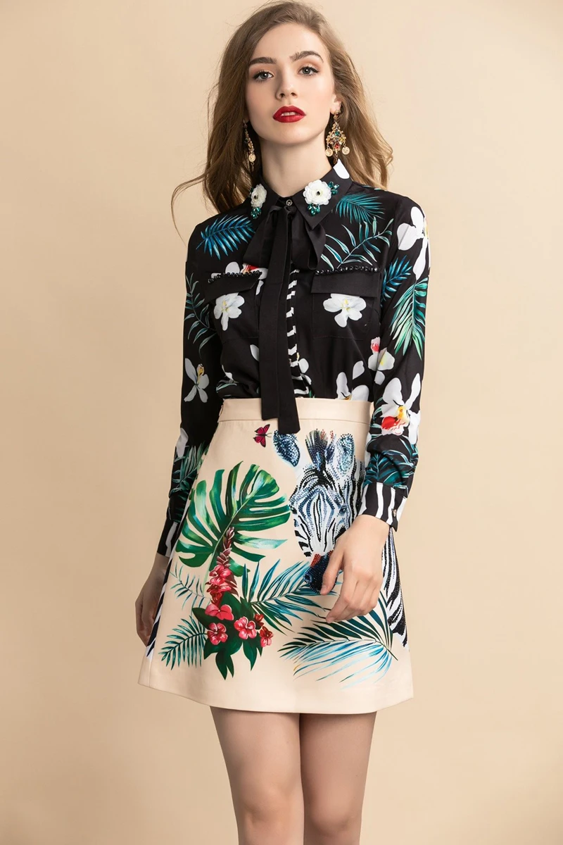 Red Roosarosee Designer Women 2 Piece Set Spring Summer Animal Print Sequins Long Sleeve Blouse Top+ Skirt Fashion Lady Suit