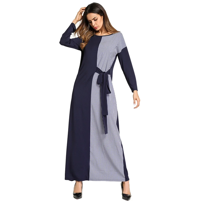 Клетчатое лоскутное платье с длинным рукавом женское Макси Платье на шнуровке