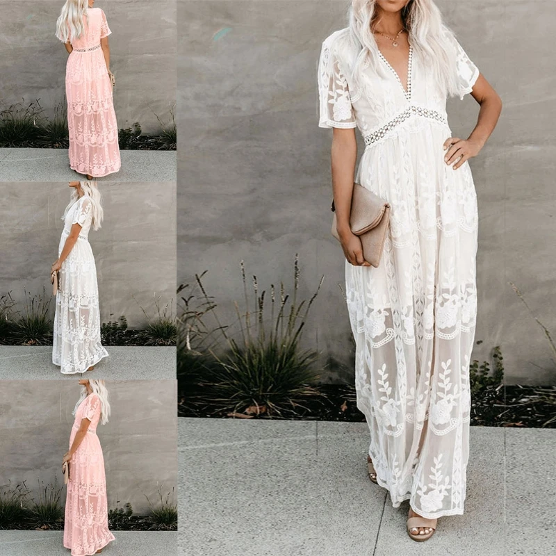 

Stitching Lace Crochet Embroidery Long Ladies Dress Elegant Sweet Holiday Beach Dress Short Sleeve Solid Color Chic
