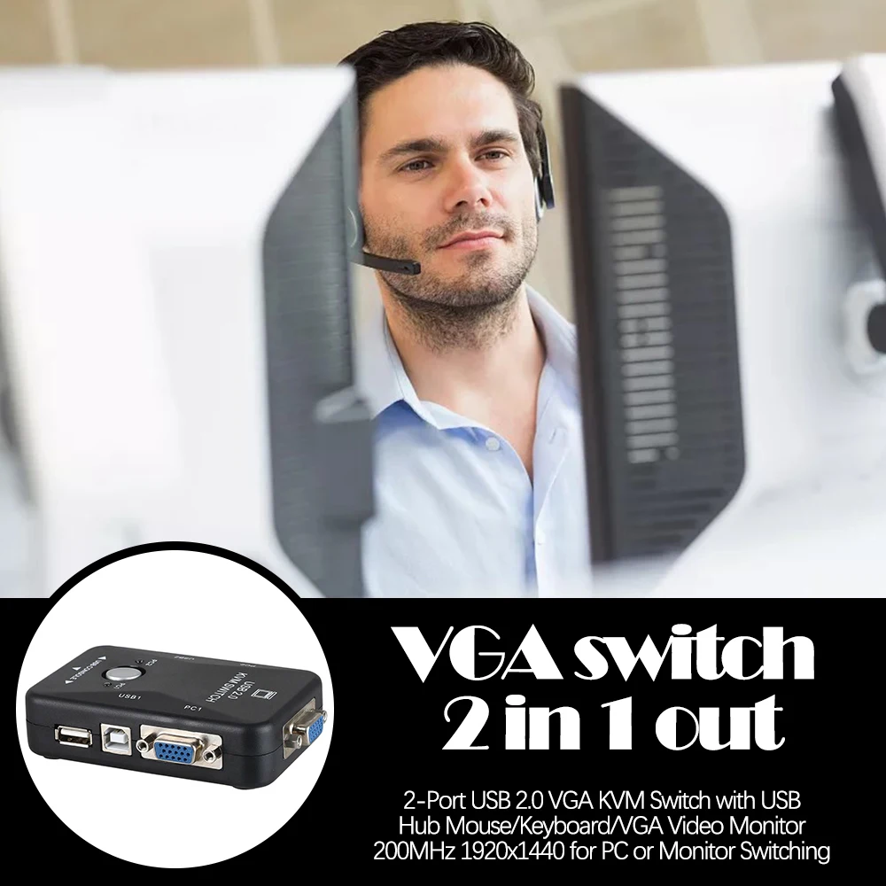 

2-Port USB 2.0 VGA KVM Switch with USB Hub Mouse/Keyboard/VGA Video Monitor 200MHz 1920x1440 for PC or Monitor Switching