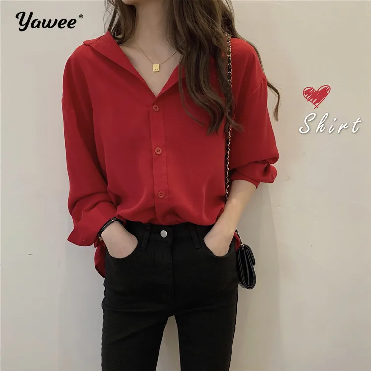 

solid red loose Women's Shirts Long Sleeves v-neck Korean Shirt Blouse Female 2021 Autumn Fashion New tops