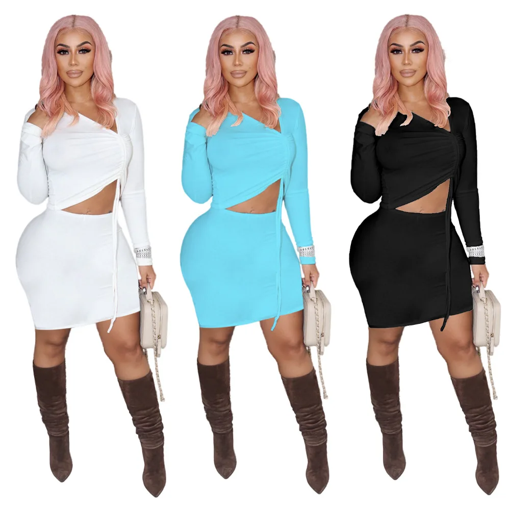 

Solid Ruched Lace Up Two Piece Set Women Sexy Skew Neck Long Sleeve Drawstring Top + Bodycon Skirts Club Party Outfits