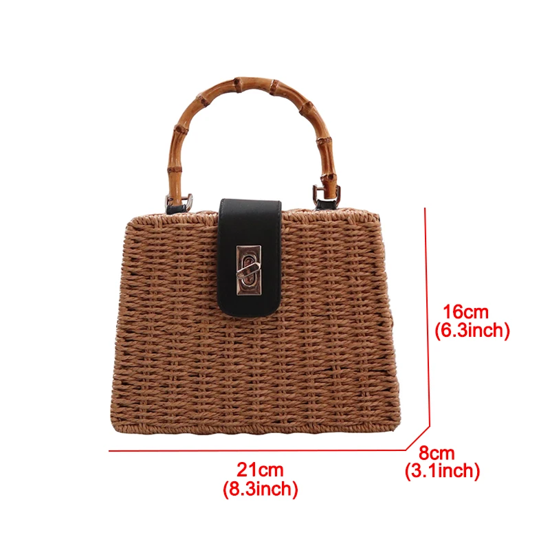 

Casual Straw Bamboo Top Handle Handbag Women's Bag Handmade Straw Sqaure Shoulder Bags For Women Fashion Lock Rattan Women's Bag