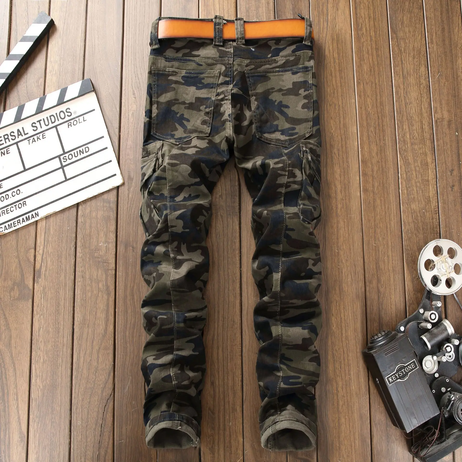 

New slim pocket multi-zipper camouflage motorcycle pants men's stretch denim feet trousers