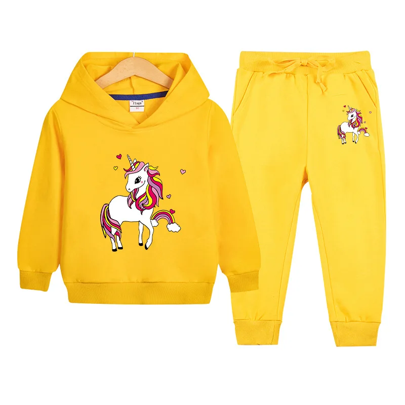 

New product spring and autumn girls unicorn print 100% cotton hoodie suit 3-8 years old children cool street two-piece sweatshir