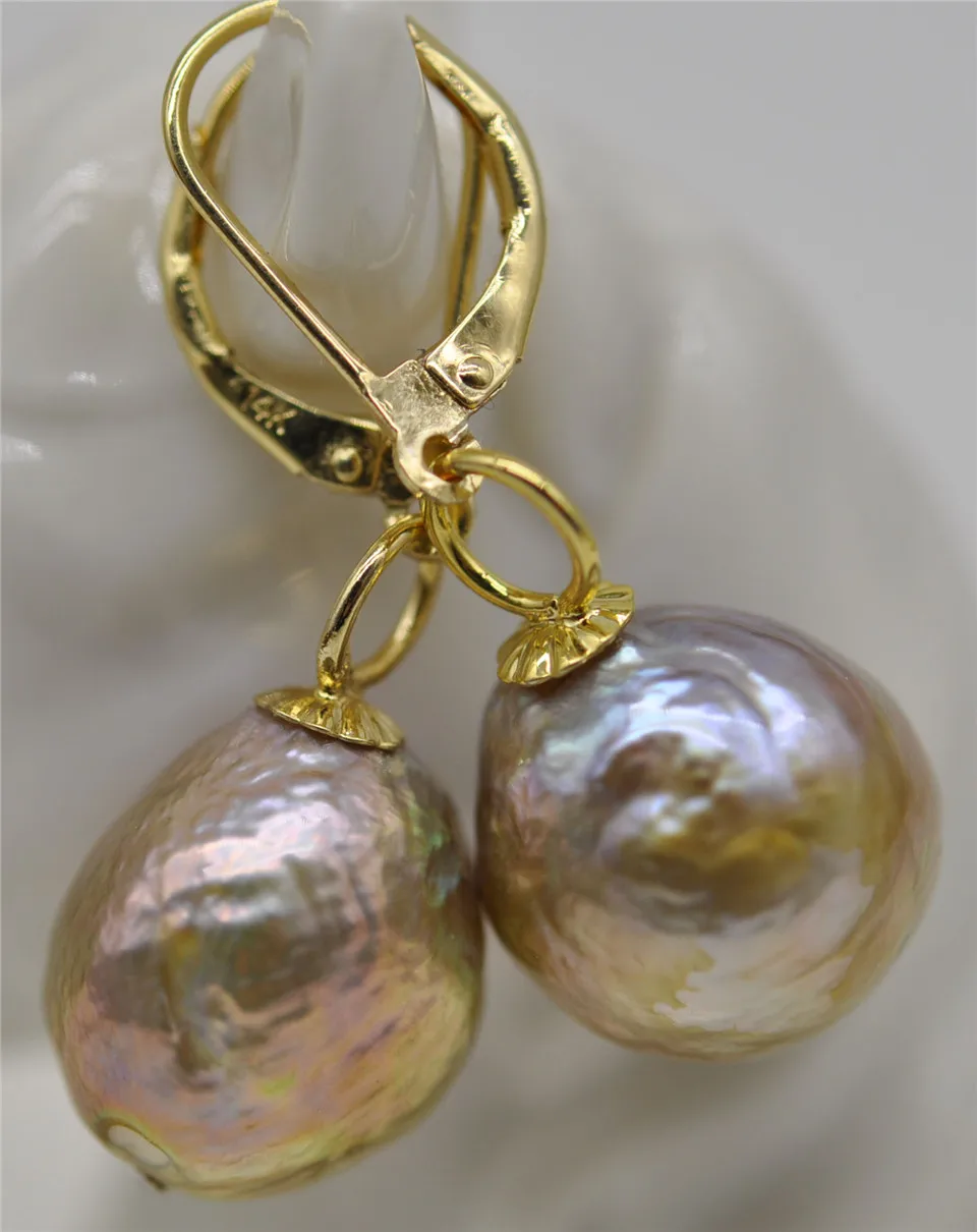 

HABITOO 13x14mm South Sea Gold Purple Baroque Pearl Earrings 14K YELLOW GOLD Ladies Pearl Earrings Jewelry Gift for Women
