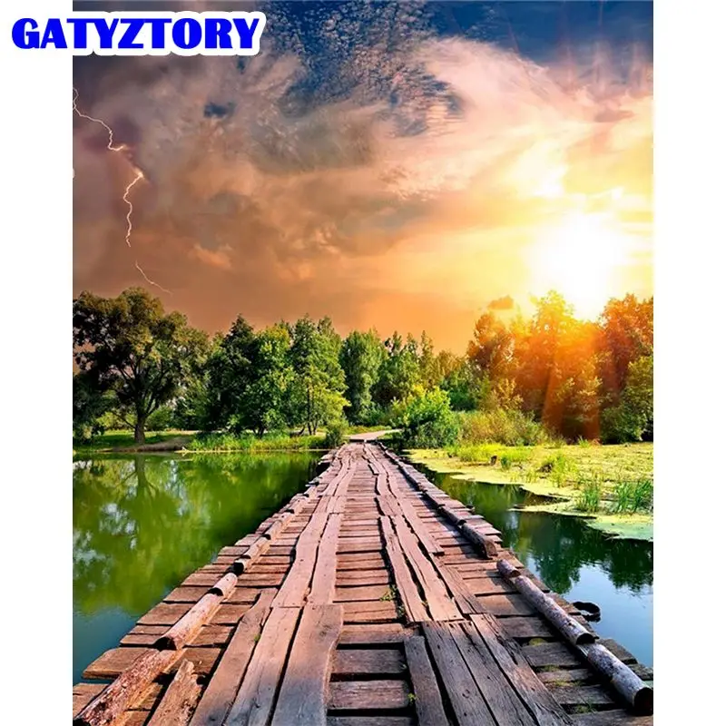 

GATYZTORY Frame Diy Painting By Numbers Kits Landscape Modern Home Wall Art Picutre painting River and Bridge For Home Artcraft