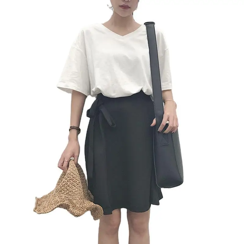 

Summer Student Female Short-sleeved T-shirt V-neck Solid Pure Korean New Arrival Loose Basic Lady Girl Blouse Women Shirts