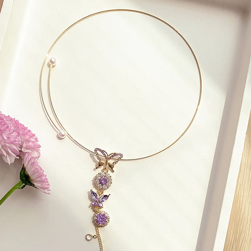 

MENGJIQIAO Korean Elegant Metal Round Chain Choker Jewelry For Women Girls Fashion Purple Crystal Butterfly Necklace Bijoux