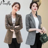 peonfly vintage office lady notched collar plaid women blazer single button autumn jacket 2021 casual pockets female suits coat