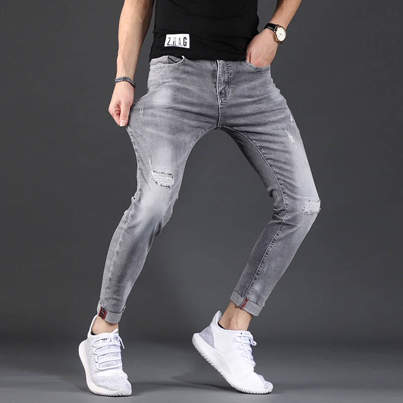 Men Ripped Skinny Jeans Summer Gray Cotton Stretch Ankle-Length Pants Fashion Korean Style Slim Fit Denim Trousers