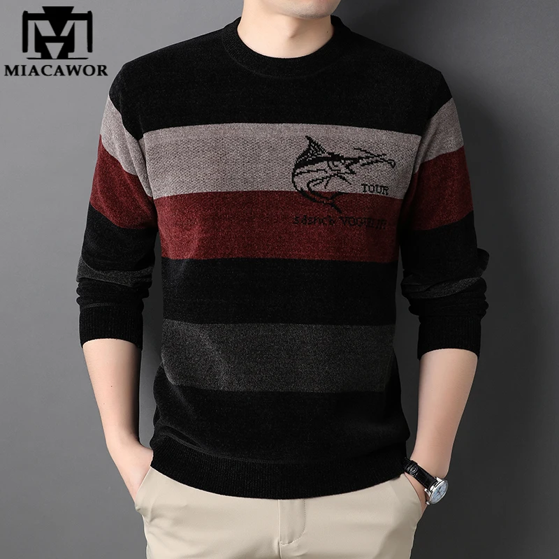 

New Vintage Sweater Men Fashion Striped Winter Warm Fleece Pullover Male O-Neck Knitted Velvet Casual Pull Homme Y380