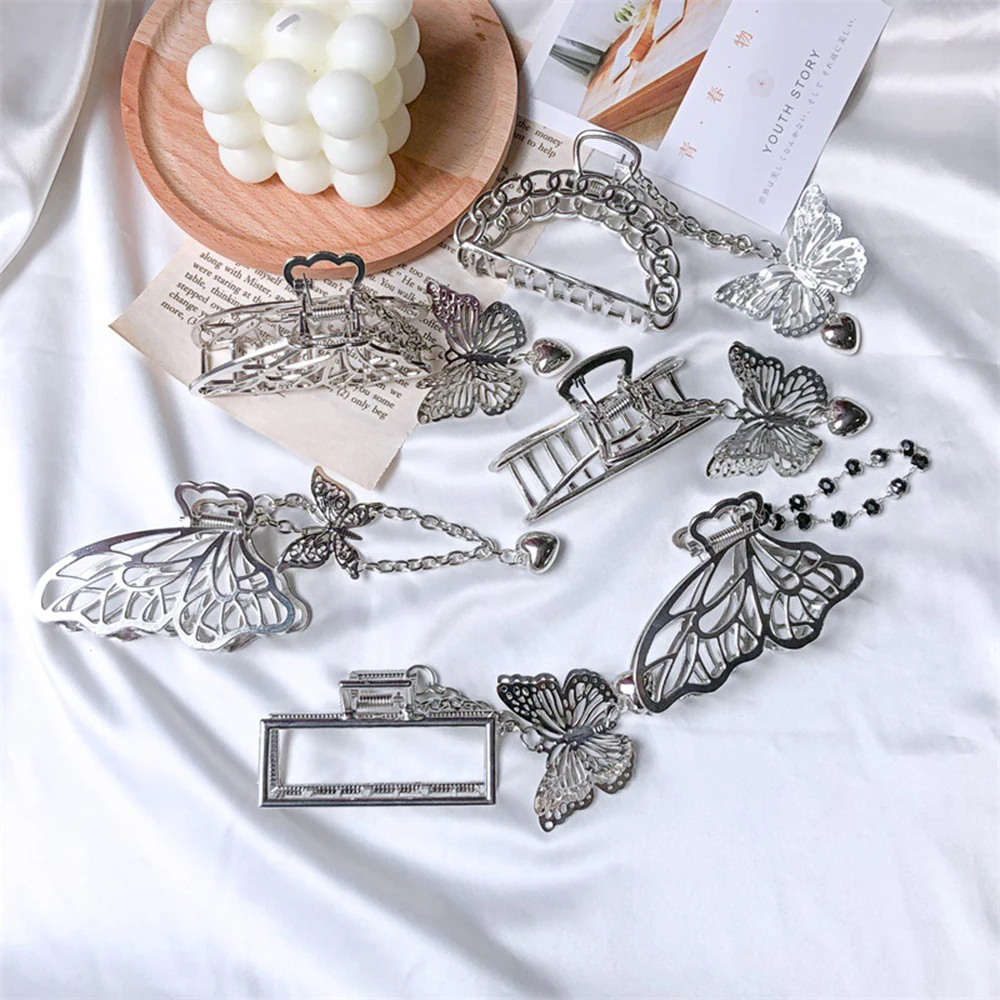 

2020 New Korea Vintage Goth Butterfly Heart Tassel Hair Claw For Women Girl Vintage Metal Silver Color Hair Clamp Catch Headwear