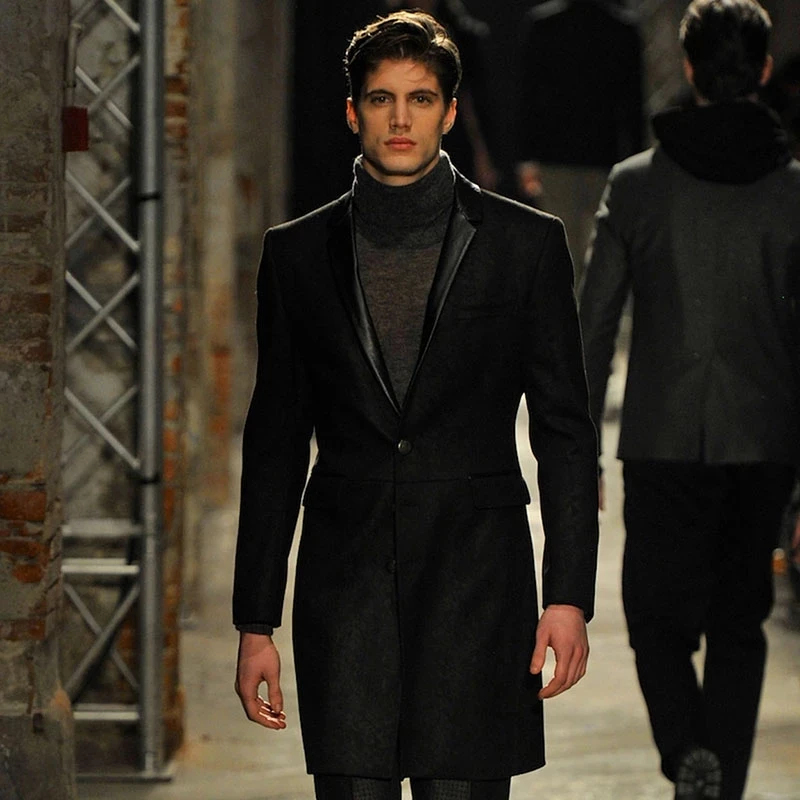 

Men's Coat Medium Length 2021 Autumn Winter New High-end Fashion Show Sheepskin Collar Slim Fit Wool Coat Windbreaker