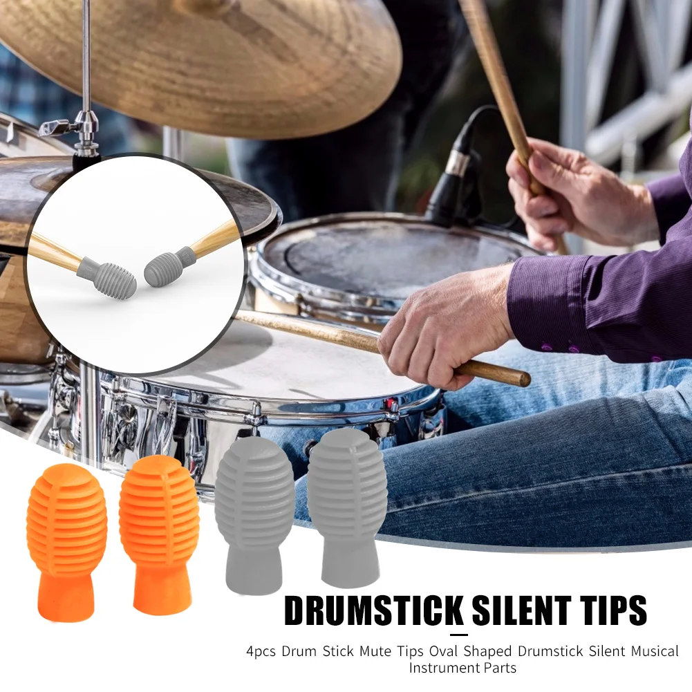 

2 Pairs Drumstick Silent Tips Cover Oval Shaped Drum Stick Mute Percussion Musical Instrument Parts Accessories