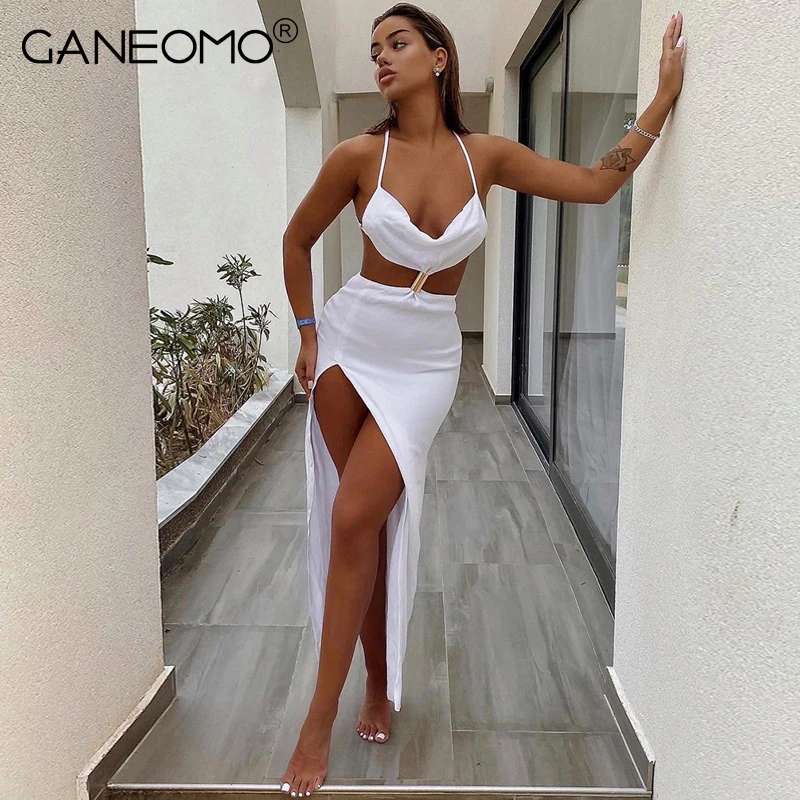 

High Slit Cut Out Bodycon Maxi Dress For Women Elegant Summer 2022 Sexy Party Stylish Spaghetti Strap Backless Long Dresses