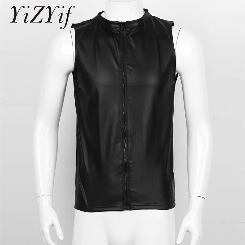 

Sexy Men Black Zipper PU Undershirt Waistcoat Underwear Gay Male Undershirt Mens Faux Leather Sleeveless Tank Top Vest Clubwear