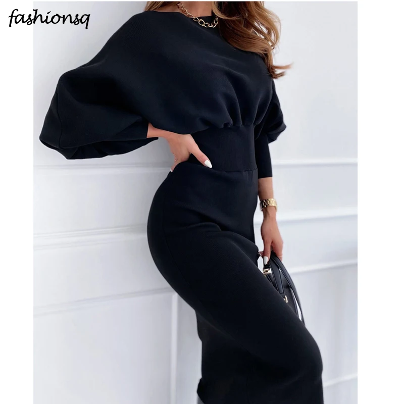 

Autumn Women Dress Elegant O-Neck Lantern Long Sleeve Slim High Waist Package Hip Party Dresses Femme Knee Length Dress Vestidos