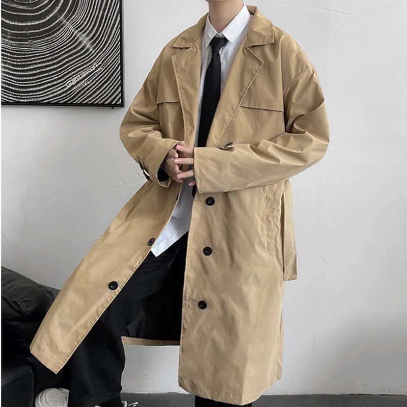Тренч мужской длинный свободного кроя Классическая двубортная модная