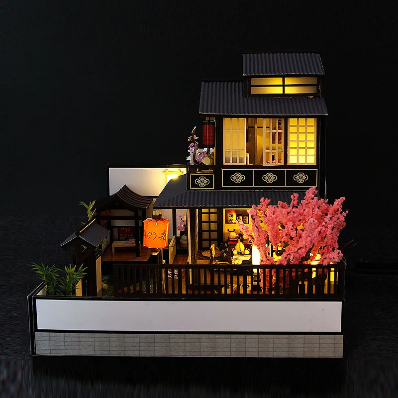 New Japanese Architecture DIY Wooden Dollhouses with Sakura Assembled Miniature Furniture Doll House Toys for Adult Gift | Игрушки и
