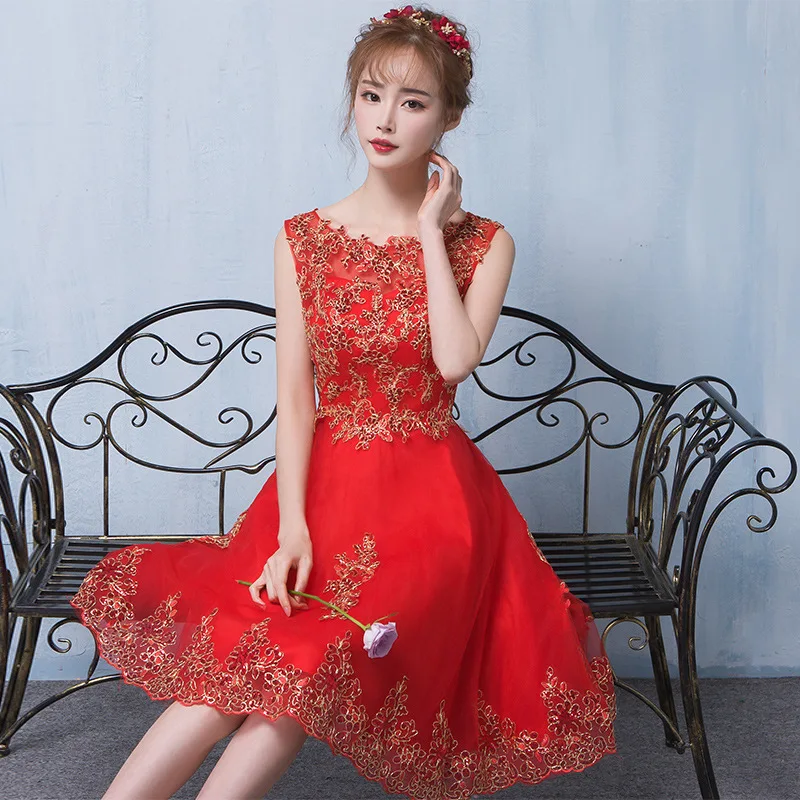 

Red Womens O-Neck Sequin Short Party Dress Sexy Evening Banquet Elegant Prom Sleeveless Chinese Style Mesh Gown Vestido XS-3XL