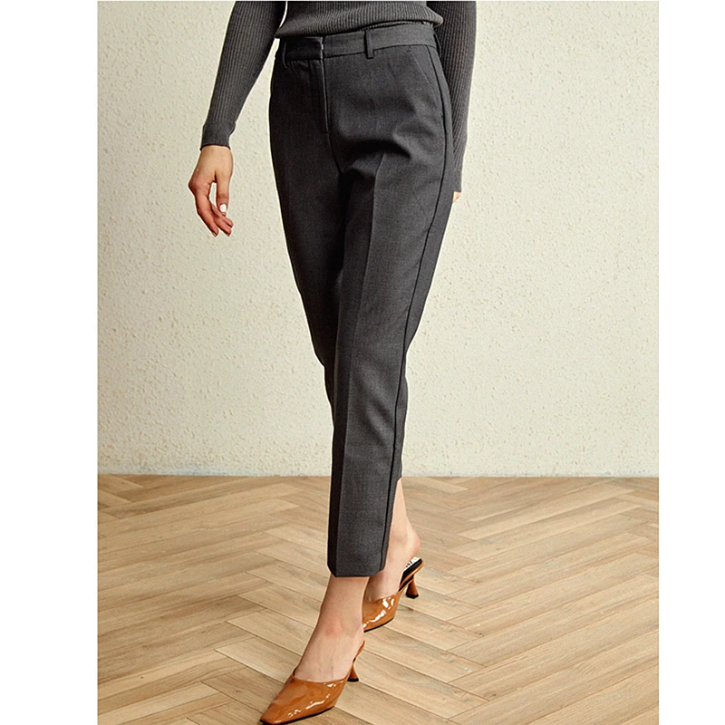 Mid Waist Ankle Pants For Women Casual Style Polyester Viscose Blended Zipper Solid Slim Pants Simple Design New Fashion