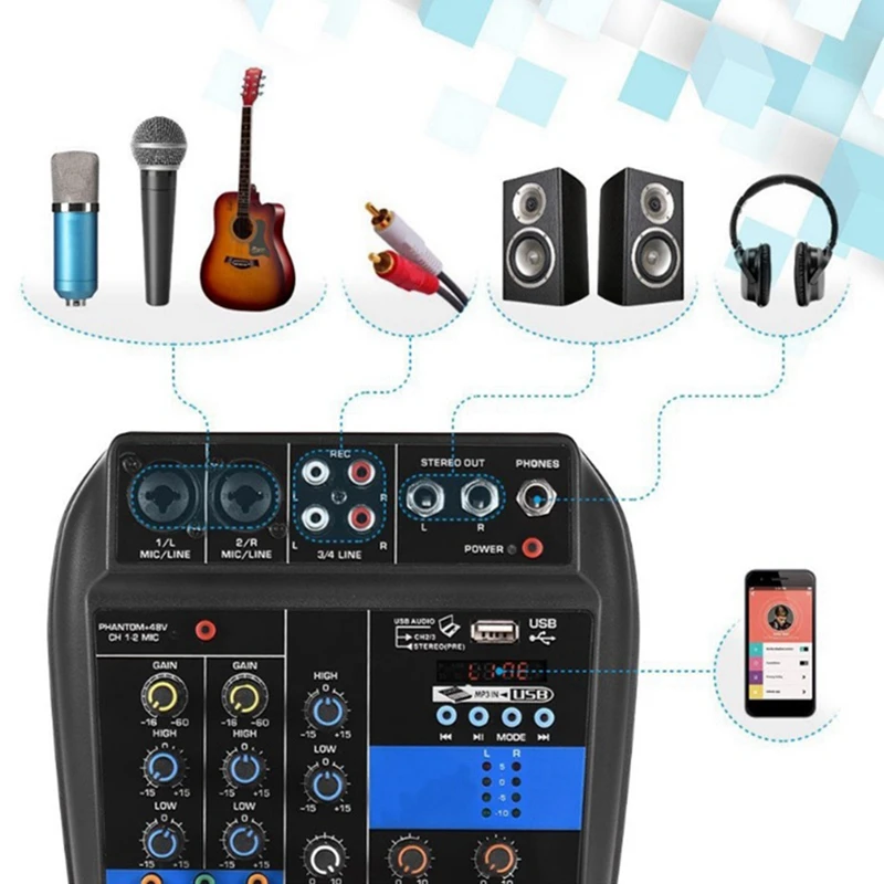 Portable Bluetooth A4 Sound Mixing Console Audio Mixer Record 48V Phantom Power Effects 4 Channels With Usb(Eu Plug) | Электроника