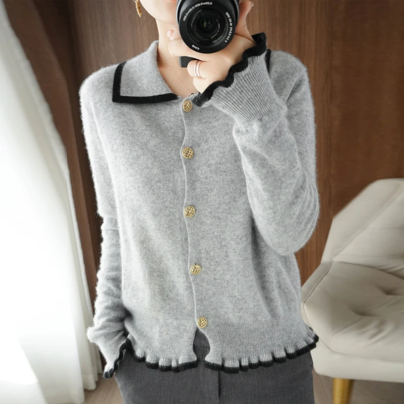 

100% Pure Wool Autumn New Style POLO Collar Lotus Leaf Sleeve Loose Jacket Female Korean Version All-Match Base Knitted Cardigan