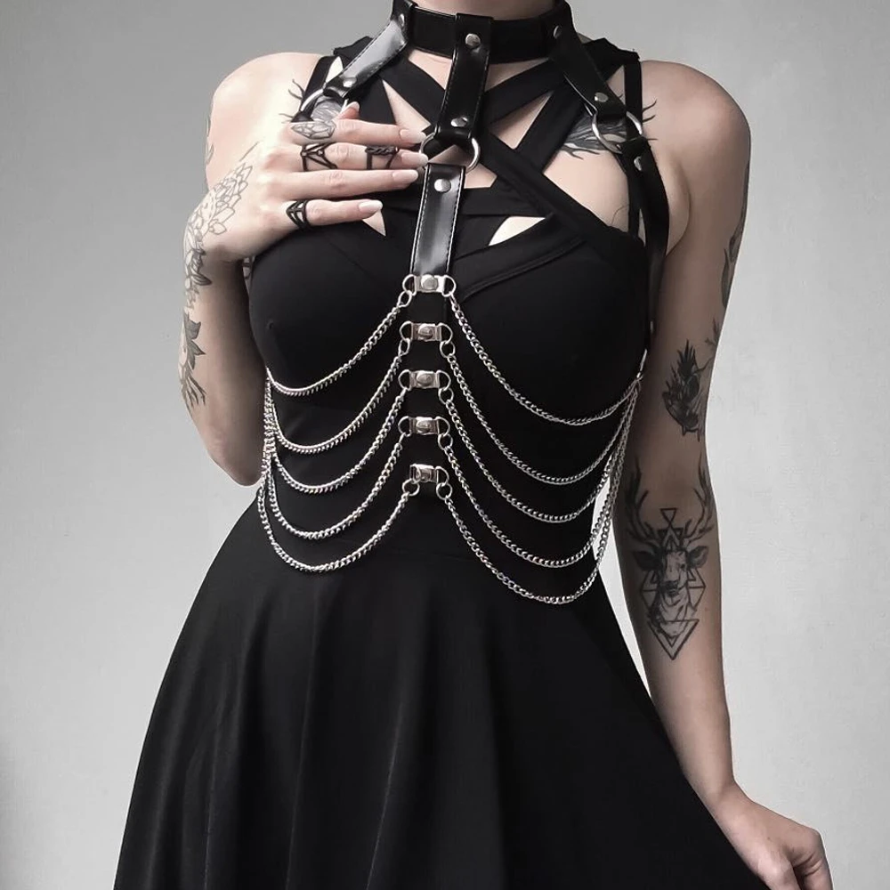 GAMPORL кожа портупея цепь для женщин Подвязки Пояс пентаграмма Пастельная грудь