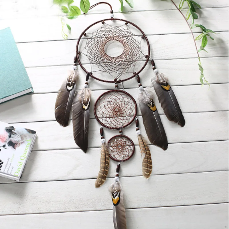Ловец снов ручной работы 3 сетки с перьями 80 см|Ловцы и подвесные украшения| |