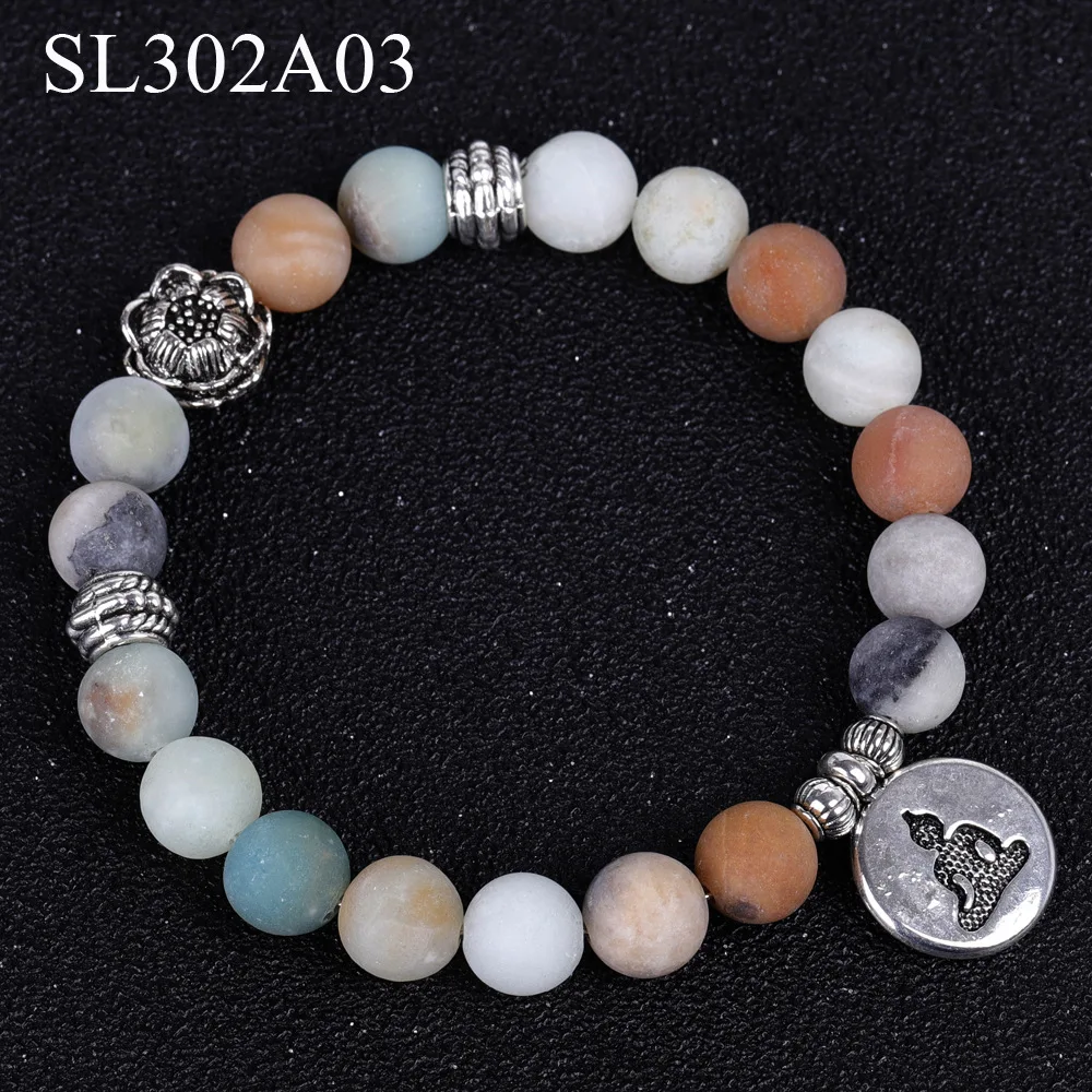 

Natural Stone Frosted Amazonite Lava Lotus Om Pendant Bracelet