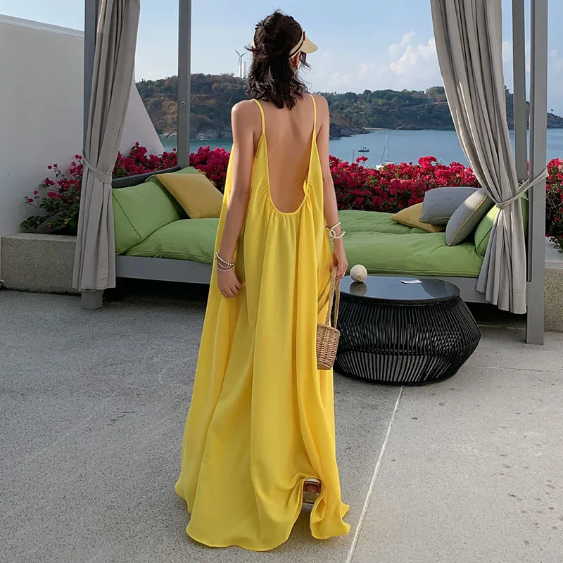 

2020 New Women V Neck backless Dresses Solid Floor-Length Summer Spaghetti Strap Party Elegant Casual holiday Dresses Beach
