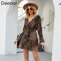 deenor printing dress women leopard print boho beach dresses casual ruffle long sleeve a line mini party dress vestidos