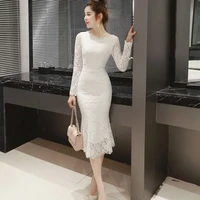 women summer lace dresses 2022 o neck elegant sexy mid calf sheath long sleeve formal party white dress black female clothes