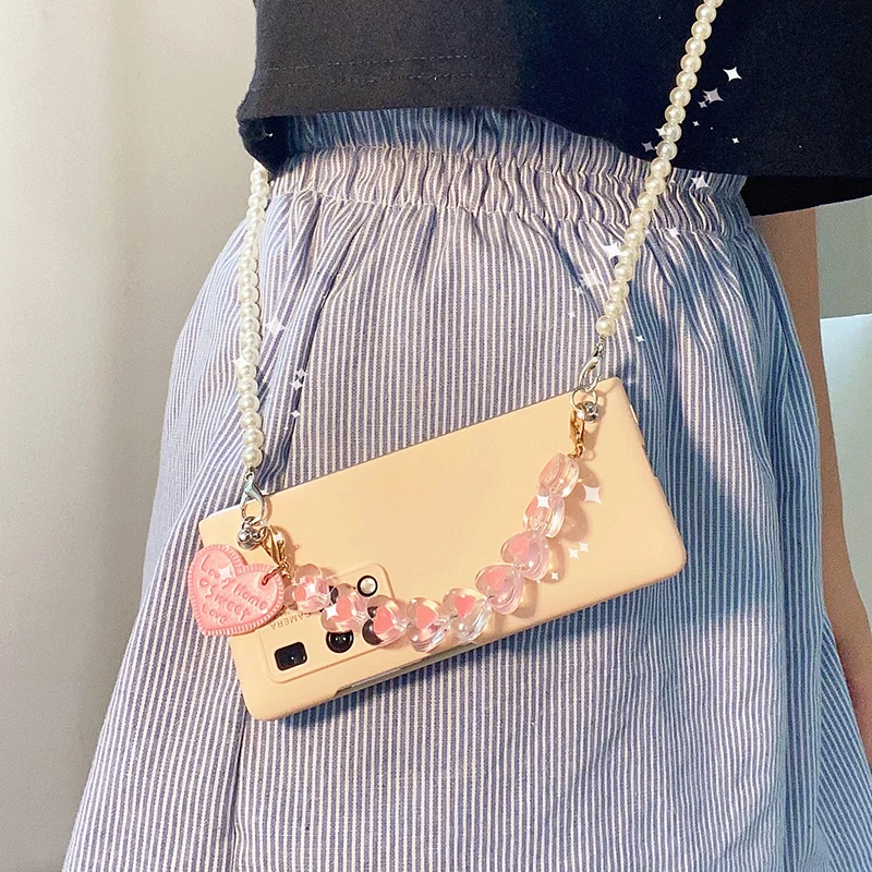 Fashion Cute Conque For Samsung Galaxy Z Fold 4 2 3 5G Small Love Heart Bracelet Long Pearl Chain Crossbody Pink Case Cover