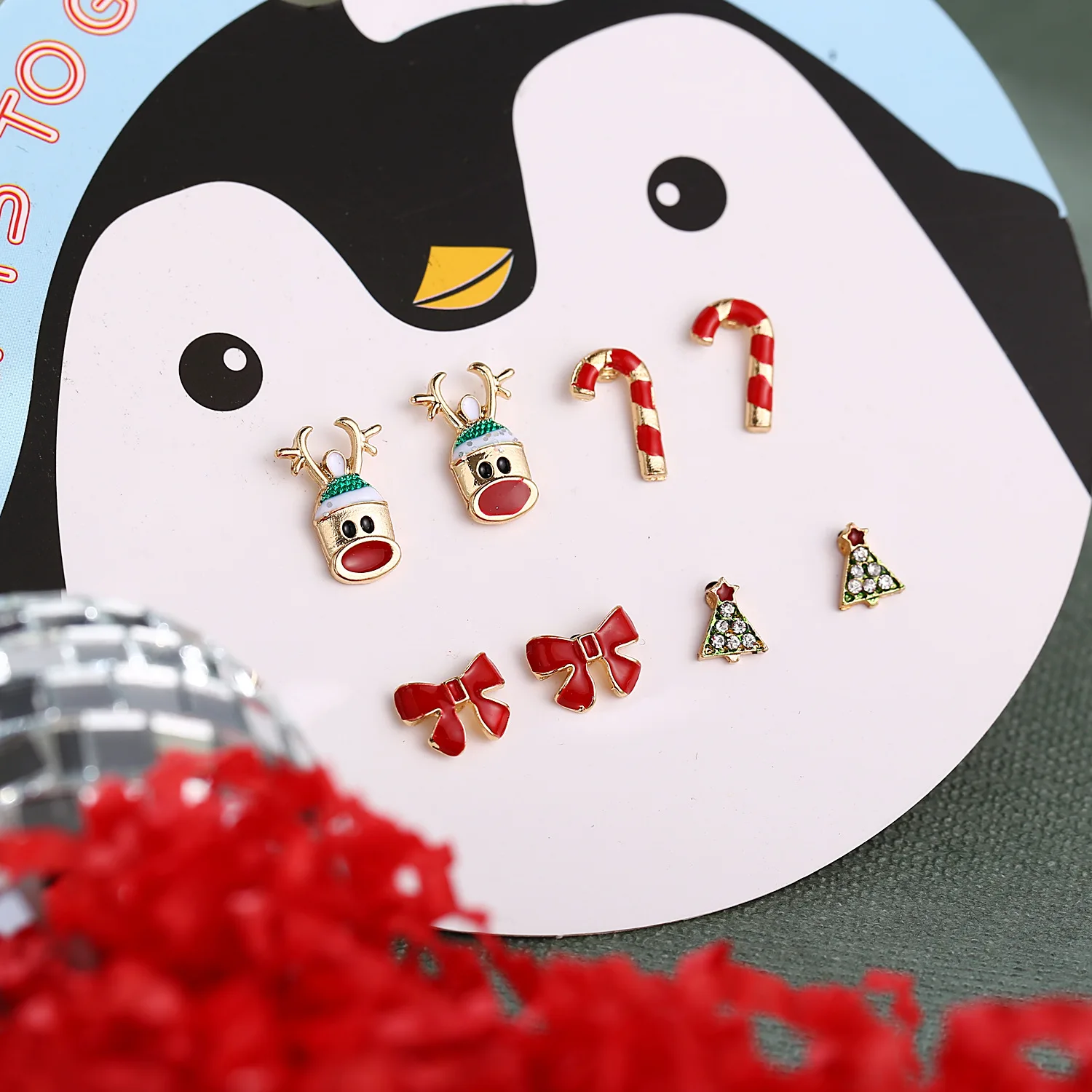 

8Pcs Christmas Stud Earrings Rhinestone Cane Elk Earrings Pendant Ear Jewelry Women Cute Christmas Tree Festival New Year Gift