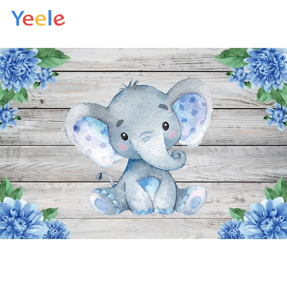 

Blue Wood Board Flower Elephant Newborn Baby Shower Boy Birthday Backdrop Vinyl Photography Backdrops Photographic Background