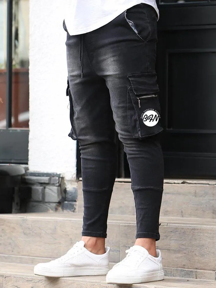 

2021 Winter New Men's Warm Slim Fit Jeans Safari Style Fashion Denim Trousers Stretch Multiple Pocket Zipper Logo Brand Pant