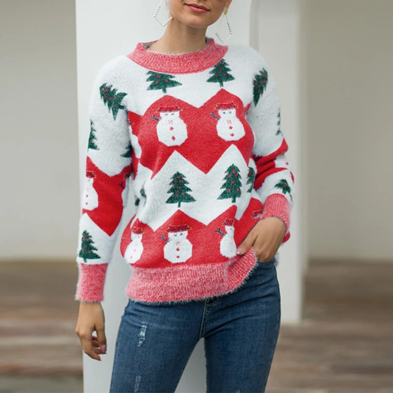 

Women Winter Long Sleeve O-Neck Sweater Christmas Tree Snowman Striped Print Pullover Tops Thick Warm Knitted Loose Holiday Jump